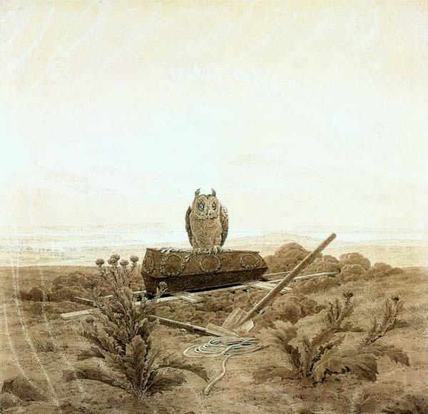 Caspar David Friedrich Landscape with Grave, Coffin and Owl Norge oil painting art